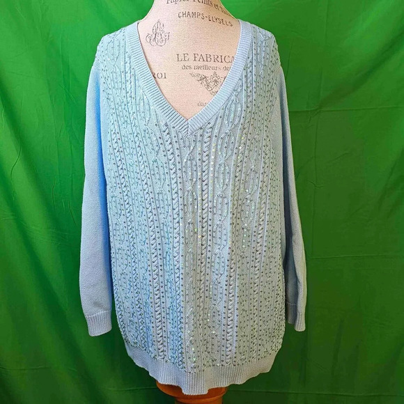 Quacker Factory Womens Blue Embellished V Neck Sweater 2X - Picture 1 of 4